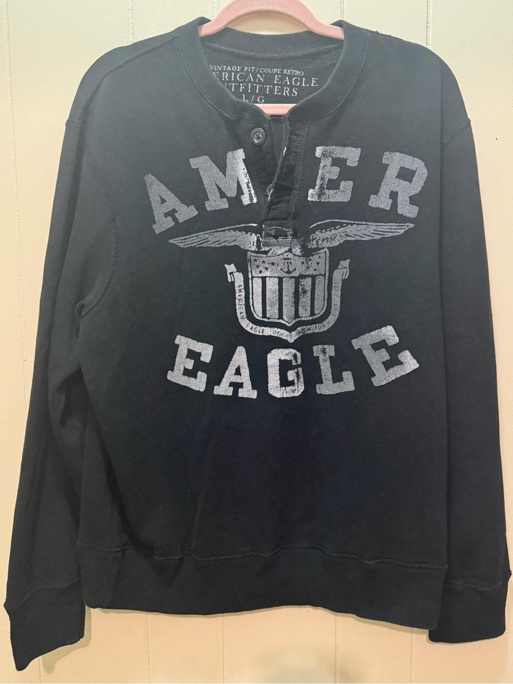 American Eagle Outfitters Black Graphic Henley Sweatshirt